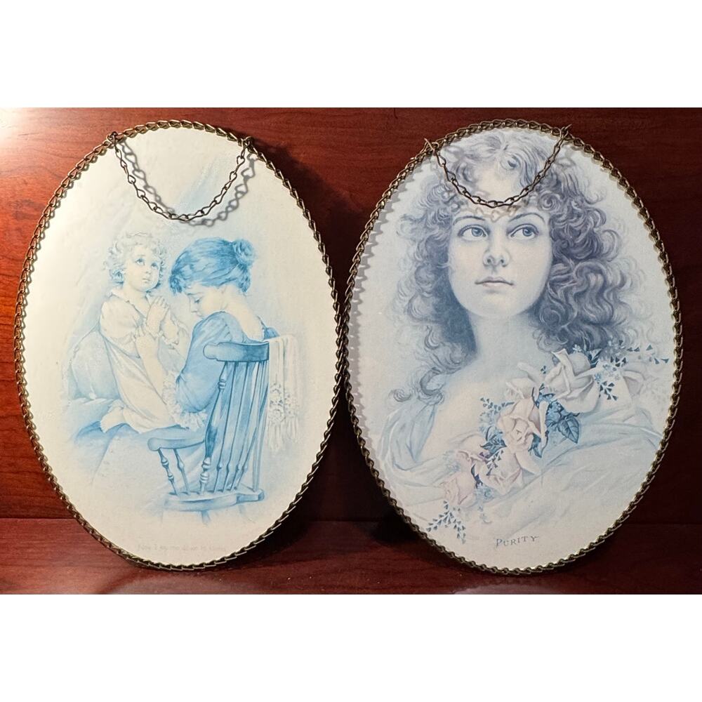 Set of 2 Vintage Oval Victorian Flue Cover Wall Hangings With Chain Hangers